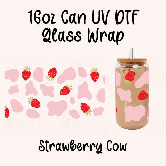 Strawberry Cow 16oz Can Glass Wrap UV DTF
