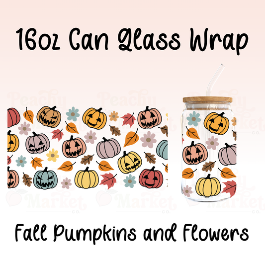 Fall Pumpkin and Flowers 16oz Can Glass Wrap Vinyl