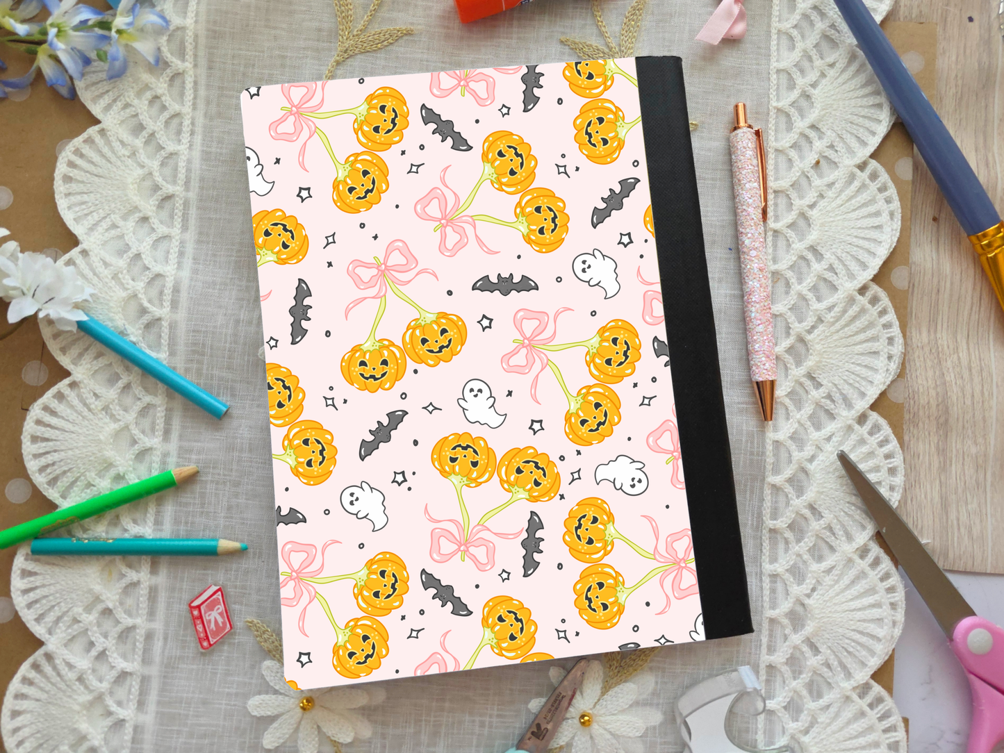 Pink Halloween Composition Notebook Wrap Front + Back