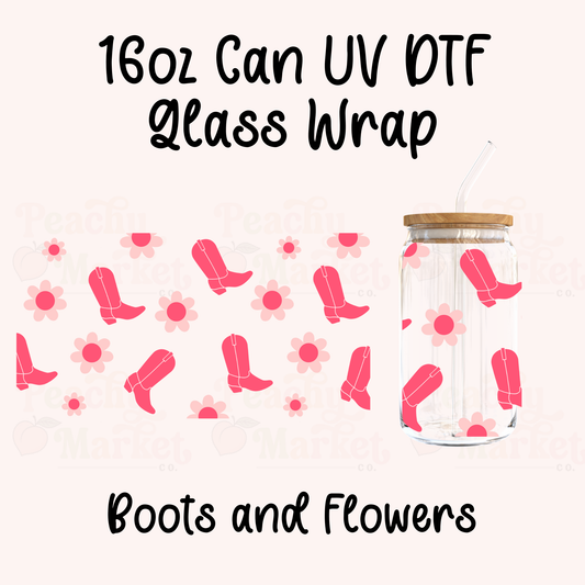 Boots and Flowers 16oz Can Glass Wrap UV DTF