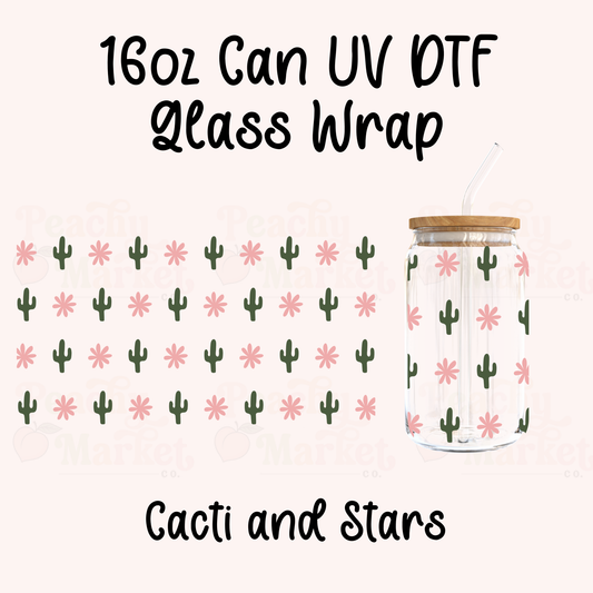 Cactus and Stars 16oz Can Glass Wrap UV DTF