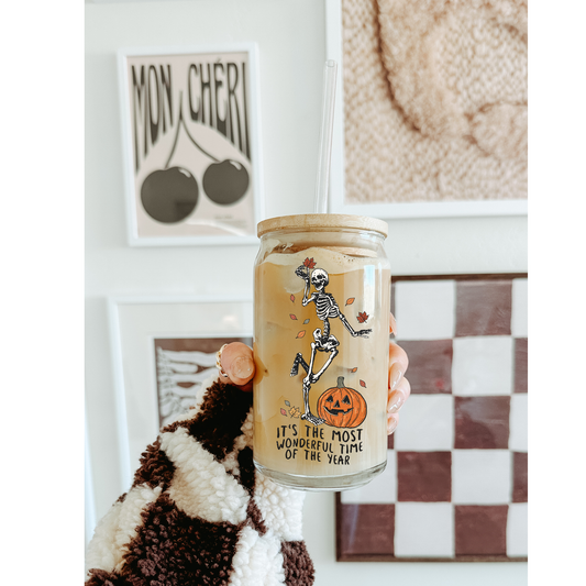 Its The Most Wonderful Time Skeleton 16oz Can Glass