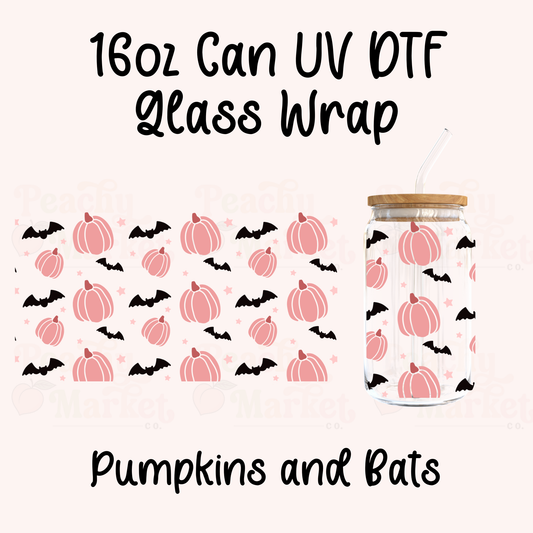 Pumpkins and Bats 16oz Can Glass Wrap UV DTF