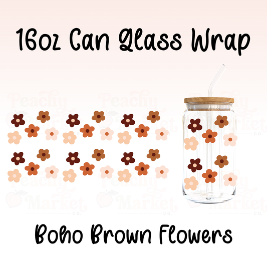 Boho Brown Flowers 16oz Can Glass Wrap Vinyl