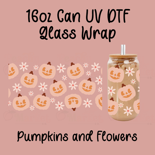 Pumpkins and Flowers 16oz Can Glass Wrap UV DTF