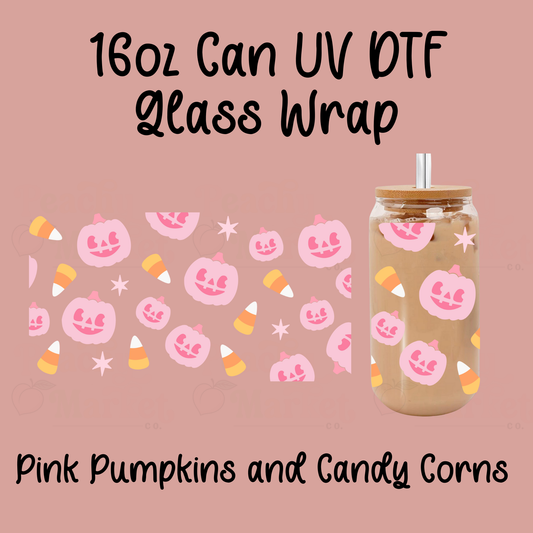 Pink Pumpkins and Candy Corns 16oz Can Glass Wrap UV DTF