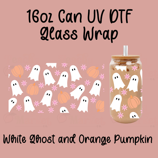 White Ghost Orange Pumpkin 16oz Can Glass Wrap UV DTF