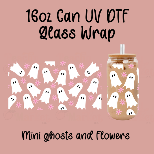 Mini Ghost and Flowers 16oz Can Glass Wrap UV DTF