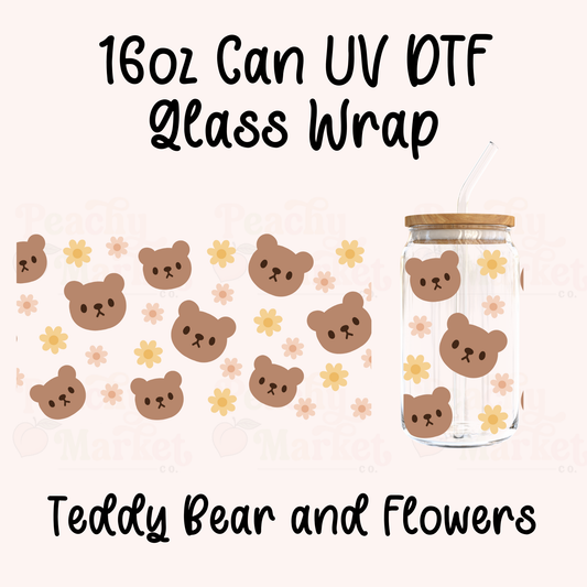 Teddy Bear and Flowers 16oz Can Glass Wrap UV DTF