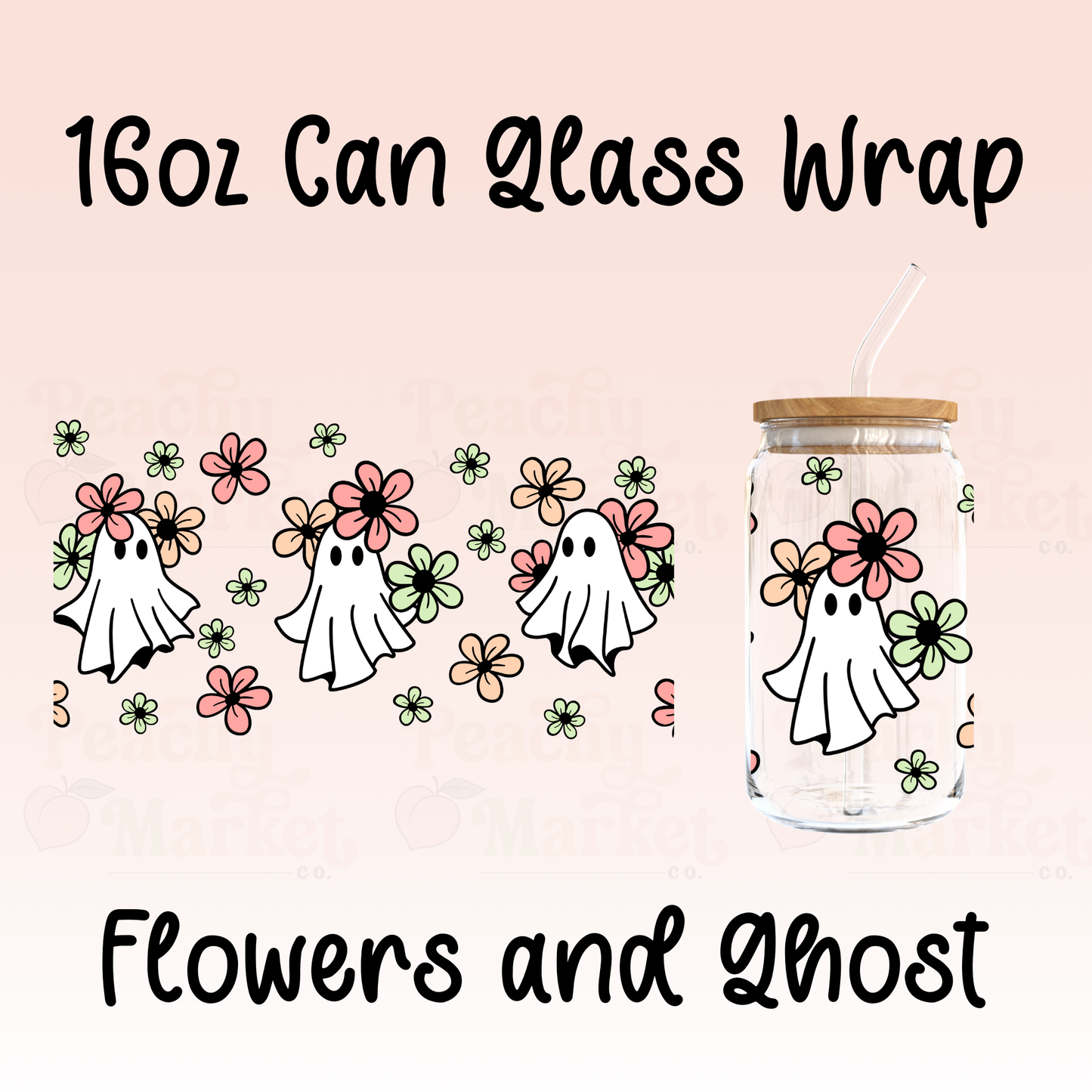 16oz Can Glass Wrap Flowers and Ghost Vinyl