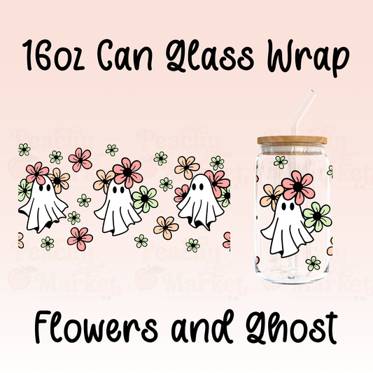16oz Can Glass Wrap Flowers and Ghost Vinyl